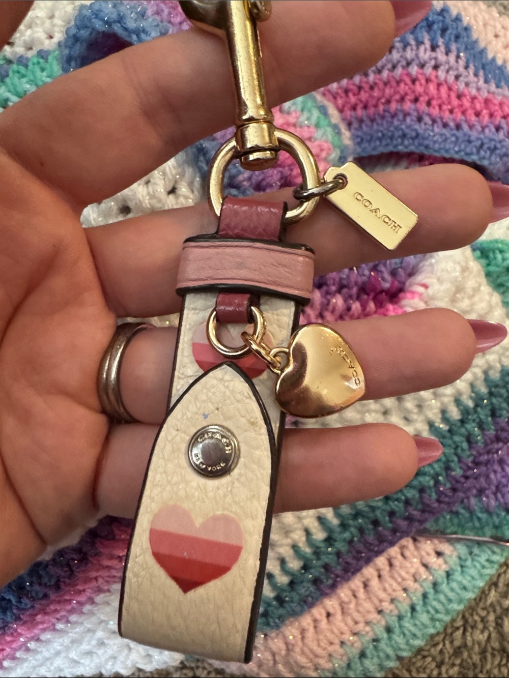 COACH Pink, Cream & Red Heart Leather Keyring with Gold Hardware